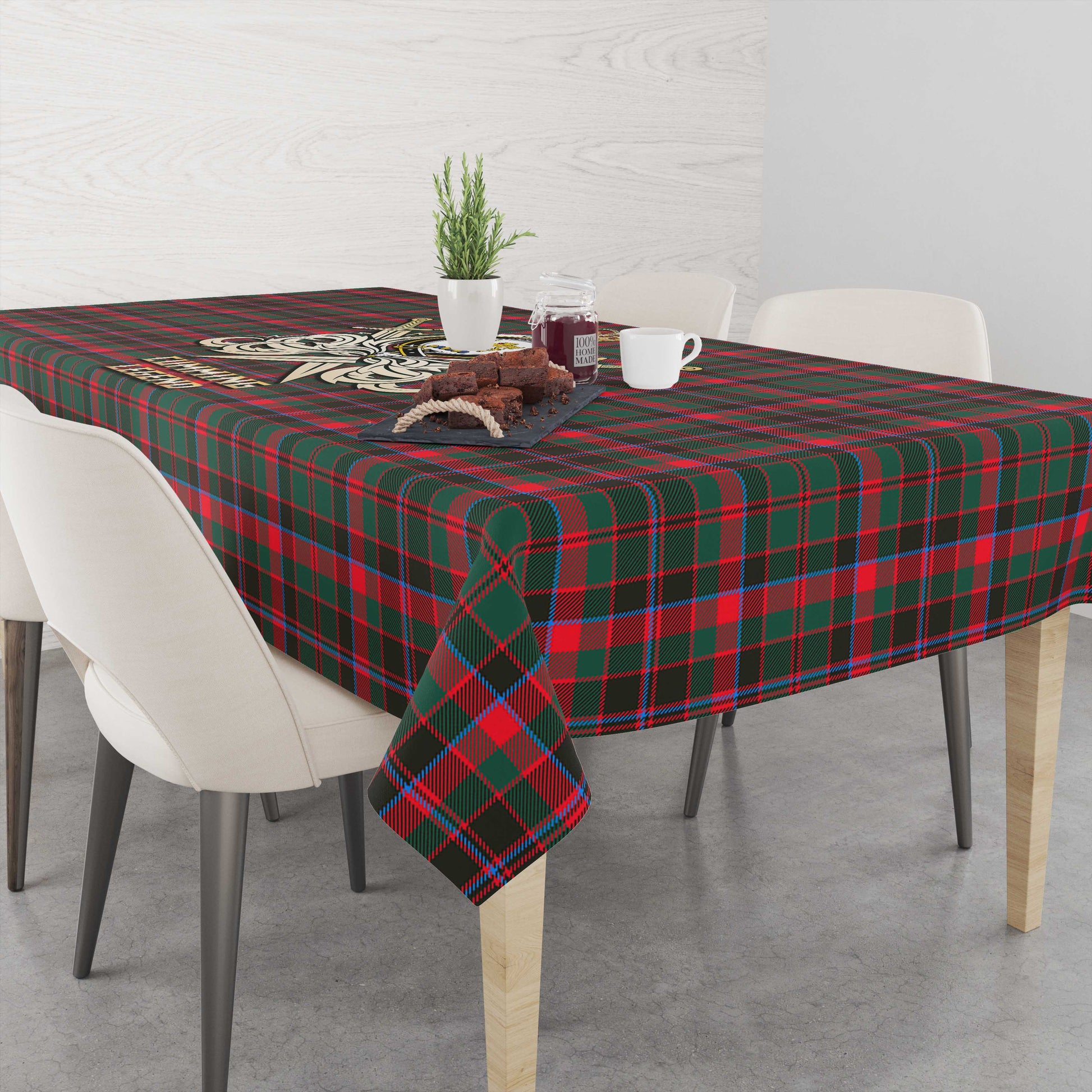 Tartan Vibes Clothing Cumming Hunting Modern Tartan Tablecloth with Clan Crest and the Golden Sword of Courageous Legacy