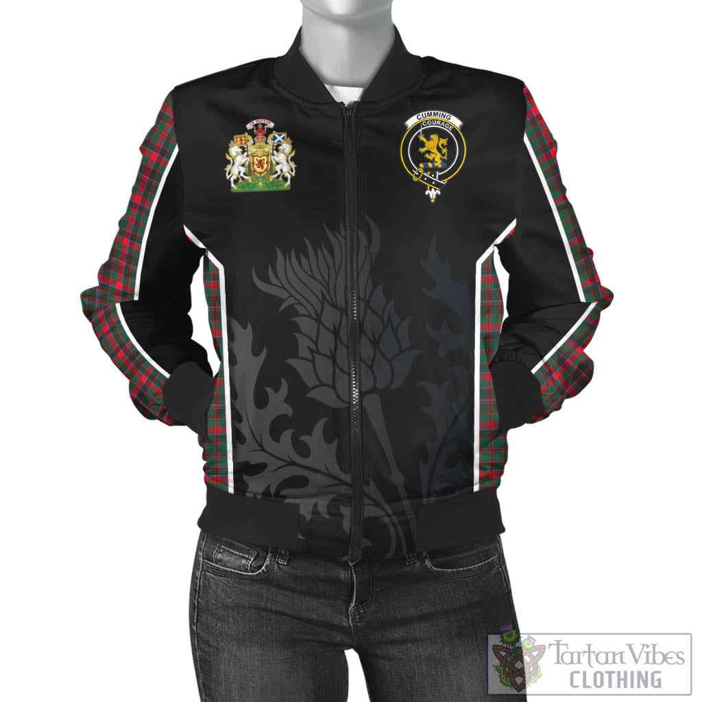 Tartan Vibes Clothing Cumming Hunting Modern Tartan Bomber Jacket with Family Crest and Scottish Thistle Vibes Sport Style