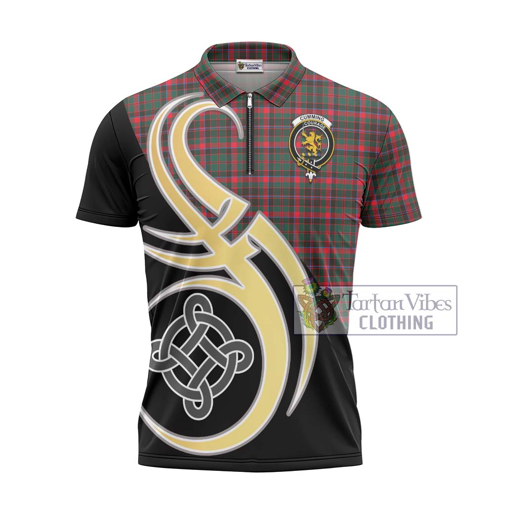 Tartan Vibes Clothing Cumming Hunting Modern Tartan Zipper Polo Shirt with Family Crest and Celtic Symbol Style