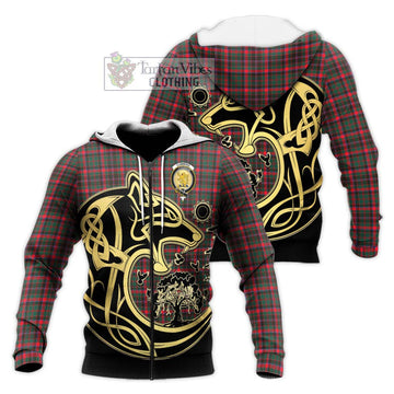 Cumming Hunting Modern Tartan Knitted Hoodie with Family Crest Celtic Wolf Style