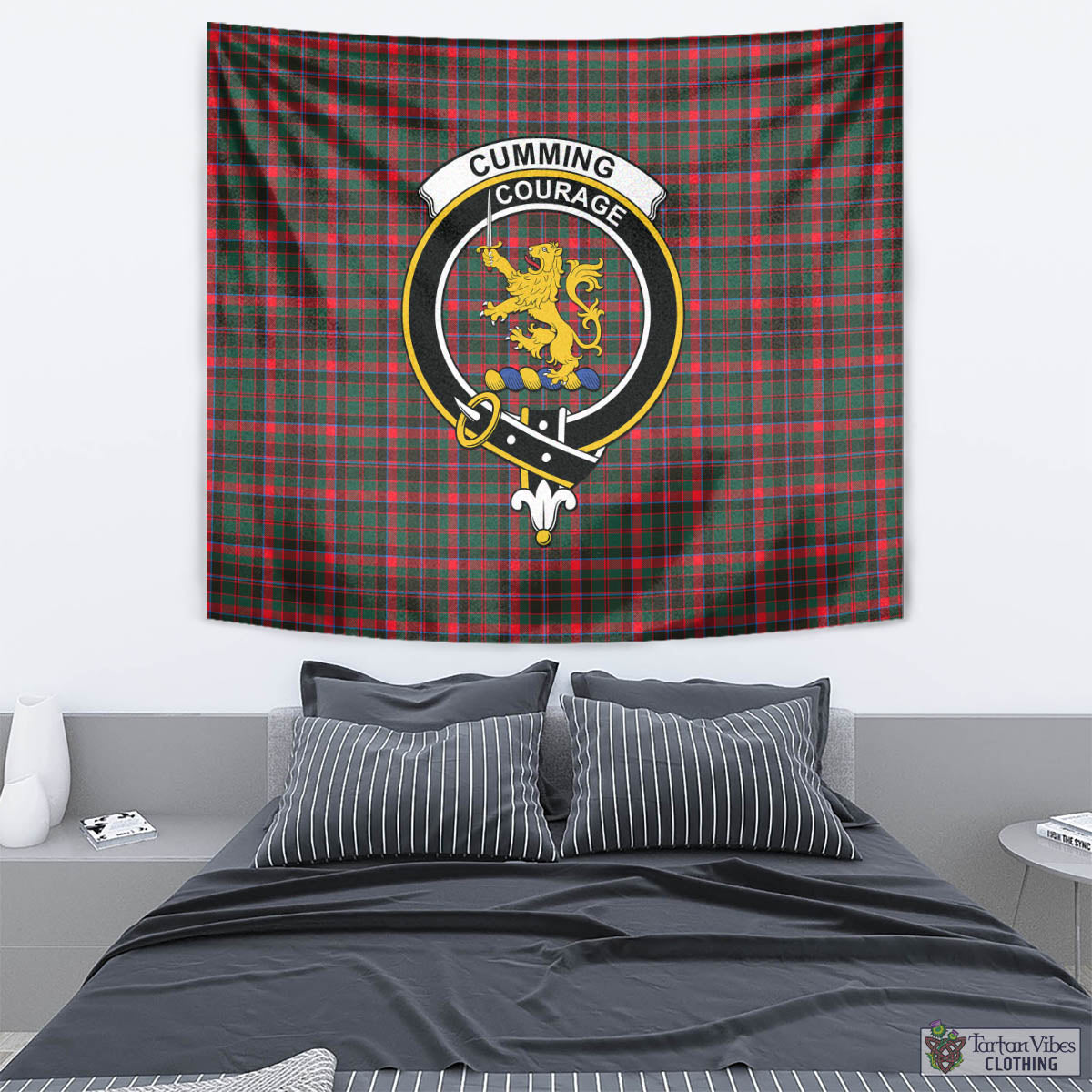 Tartan Vibes Clothing Cumming Hunting Modern Tartan Tapestry Wall Hanging and Home Decor for Room with Family Crest