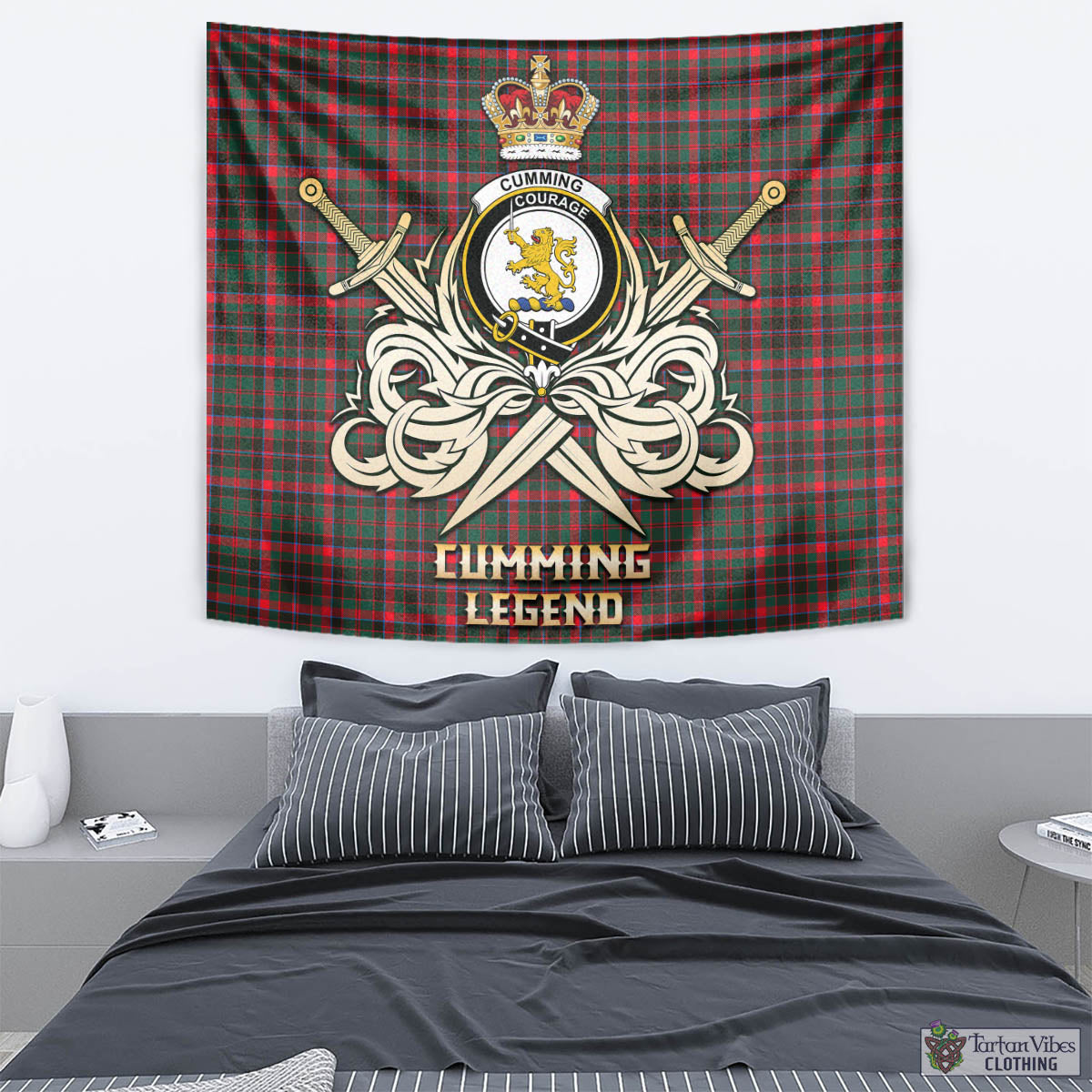 Tartan Vibes Clothing Cumming Hunting Modern Tartan Tapestry with Clan Crest and the Golden Sword of Courageous Legacy