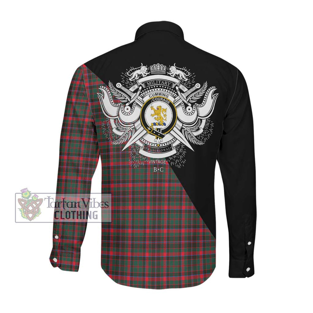 Cumming Hunting Modern Tartan Long Sleeve Button Shirt with Family Crest and Military Logo Style Men's Shirt - Tartanvibesclothing Shop