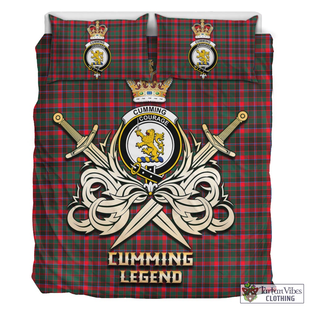 Tartan Vibes Clothing Cumming Hunting Modern Tartan Bedding Set with Clan Crest and the Golden Sword of Courageous Legacy