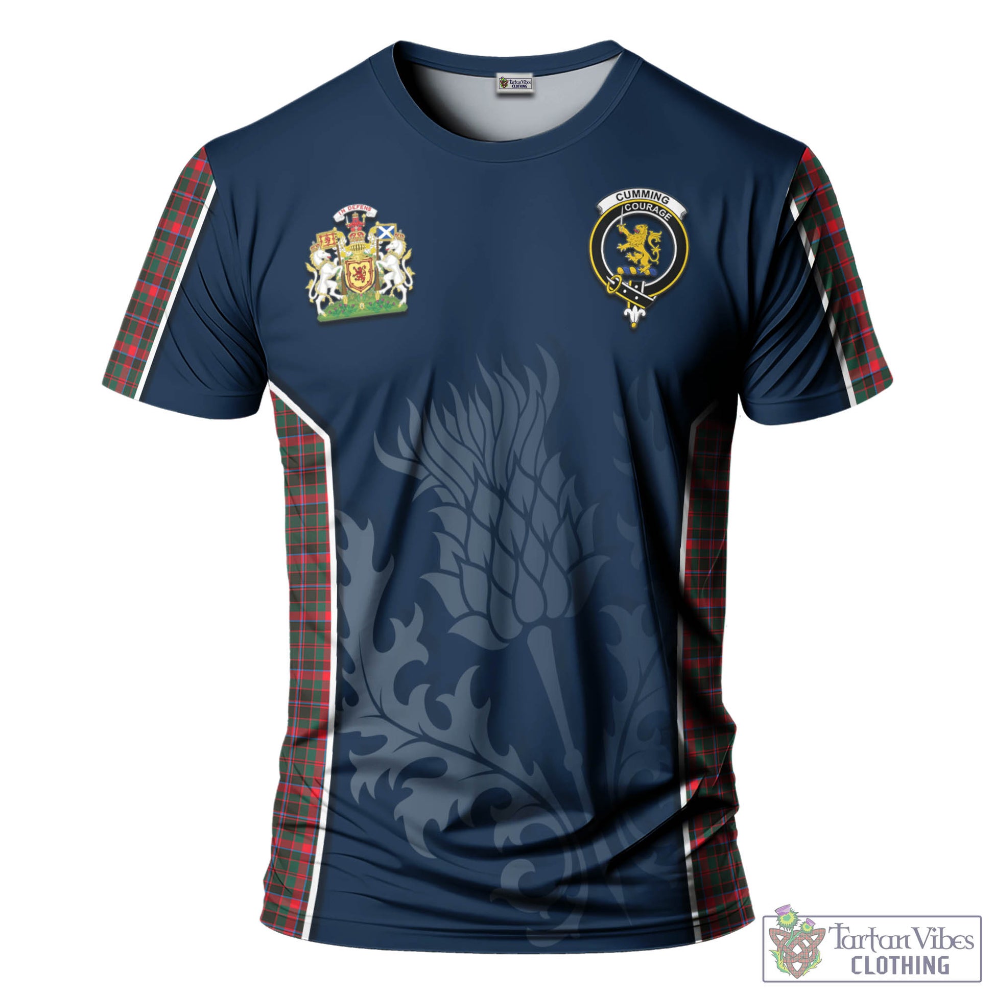 Tartan Vibes Clothing Cumming Hunting Modern Tartan T-Shirt with Family Crest and Scottish Thistle Vibes Sport Style