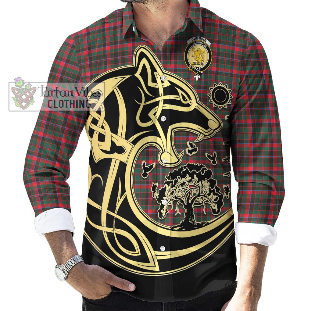 Cumming Hunting Modern Tartan Long Sleeve Button Shirt with Family Crest Celtic Wolf Style - Tartan Vibes Clothing