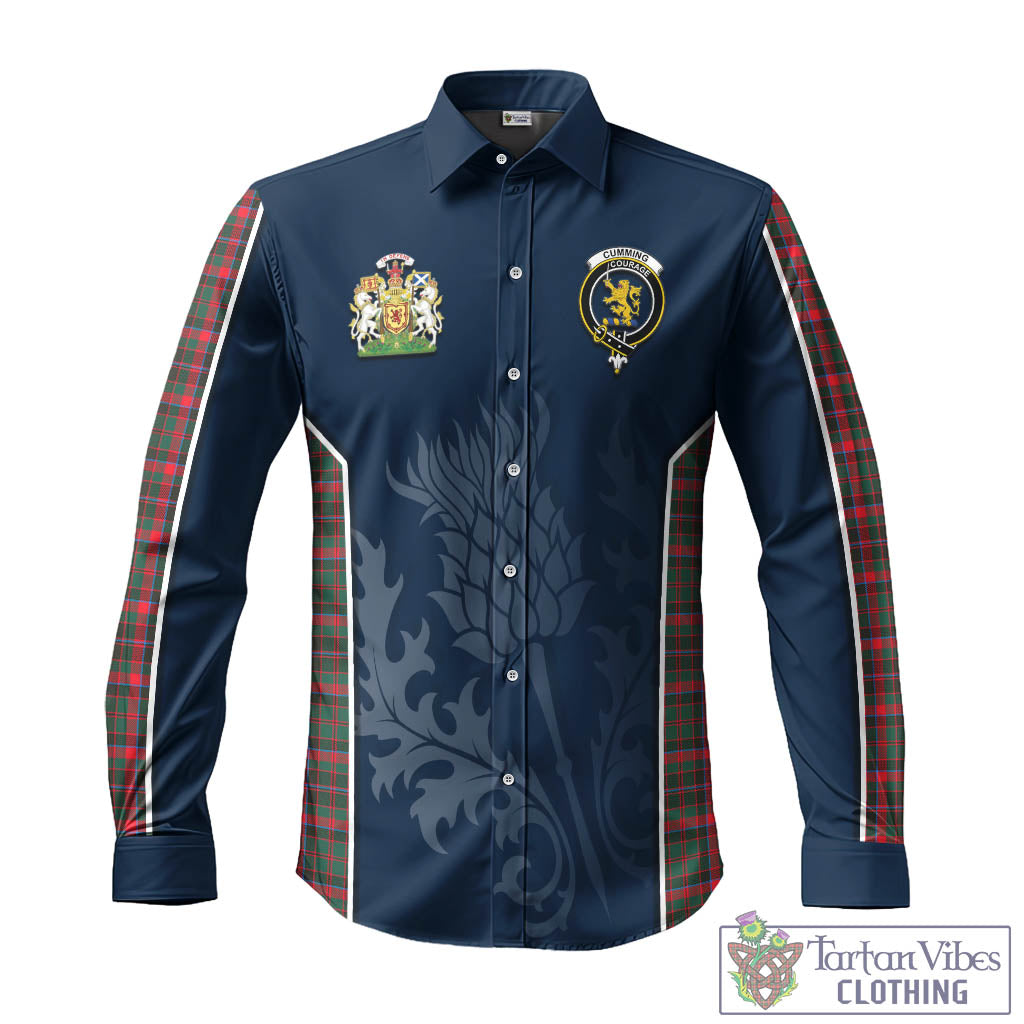 Tartan Vibes Clothing Cumming Hunting Modern Tartan Long Sleeve Button Up Shirt with Family Crest and Scottish Thistle Vibes Sport Style