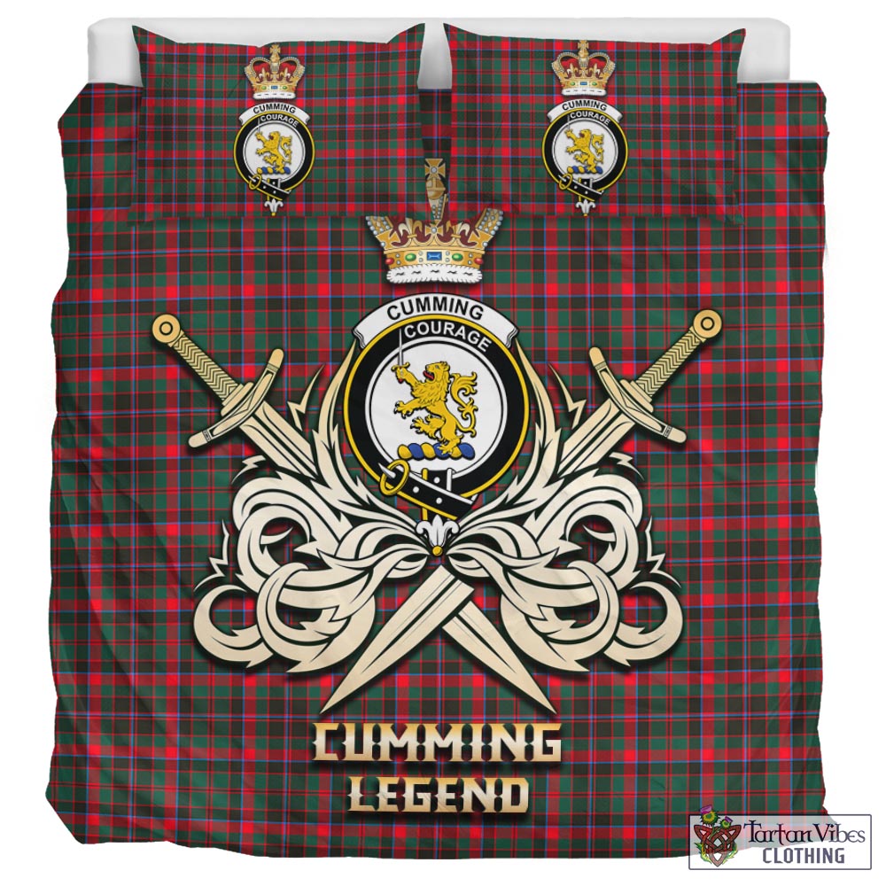 Tartan Vibes Clothing Cumming Hunting Modern Tartan Bedding Set with Clan Crest and the Golden Sword of Courageous Legacy