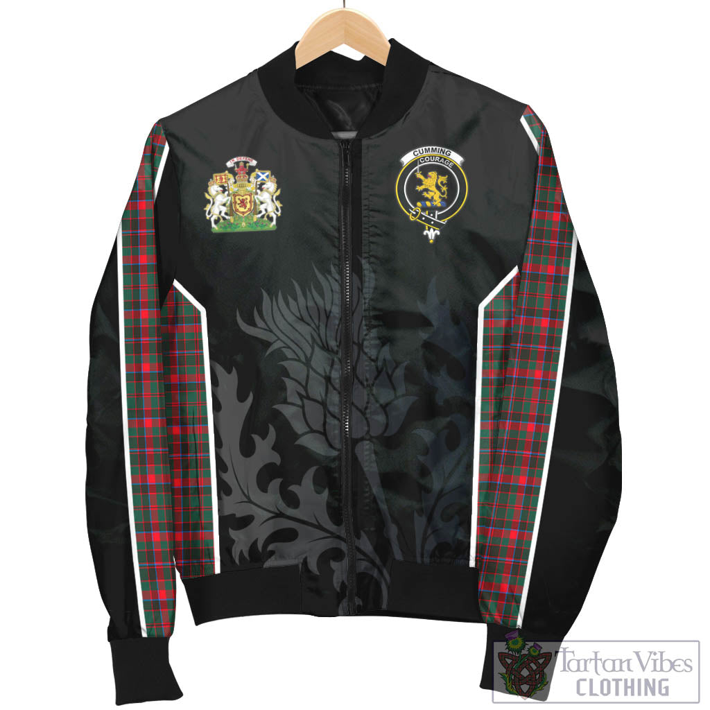 Tartan Vibes Clothing Cumming Hunting Modern Tartan Bomber Jacket with Family Crest and Scottish Thistle Vibes Sport Style