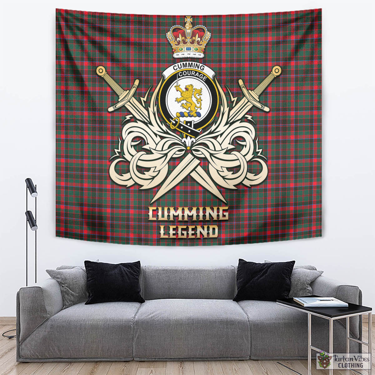 Tartan Vibes Clothing Cumming Hunting Modern Tartan Tapestry with Clan Crest and the Golden Sword of Courageous Legacy