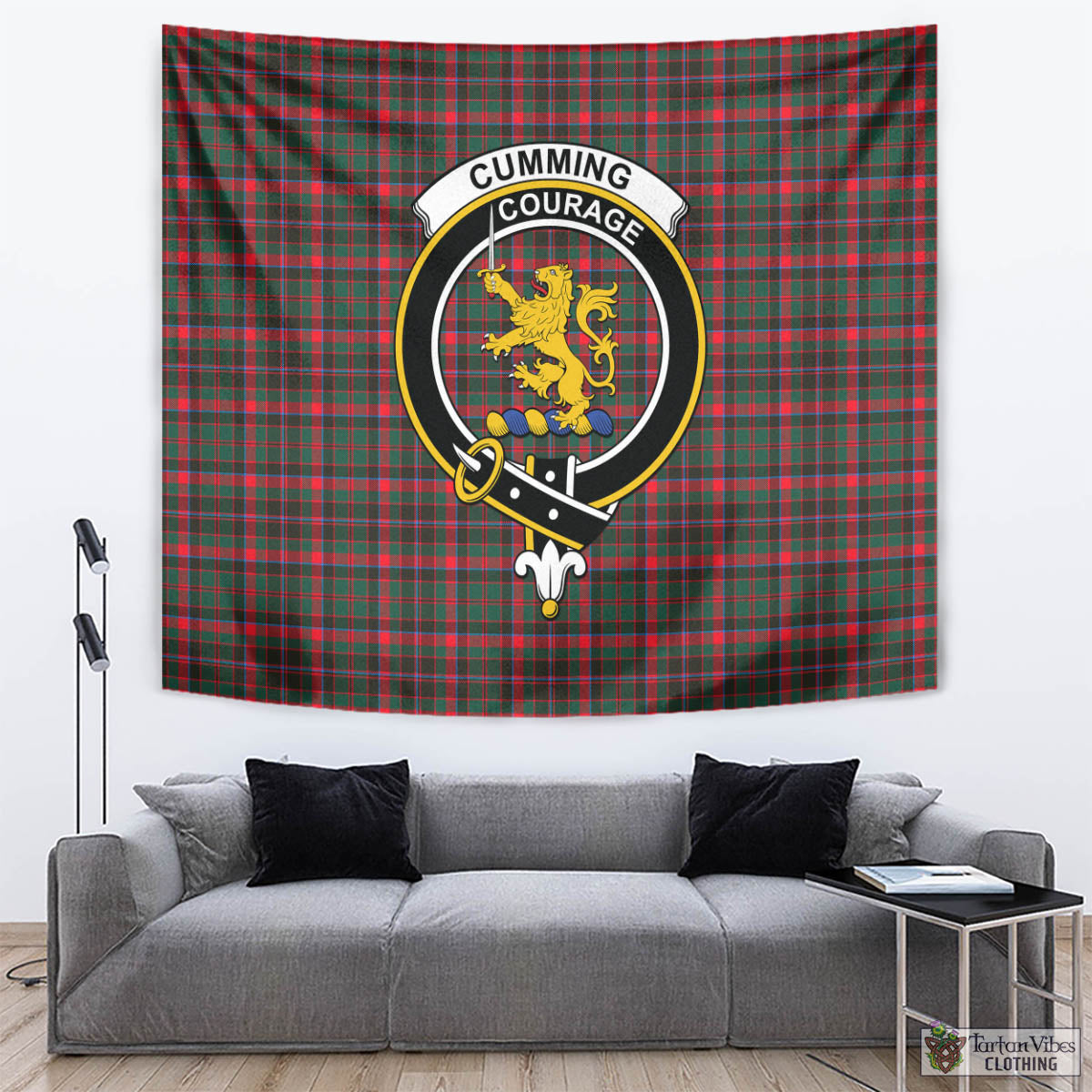 Tartan Vibes Clothing Cumming Hunting Modern Tartan Tapestry Wall Hanging and Home Decor for Room with Family Crest