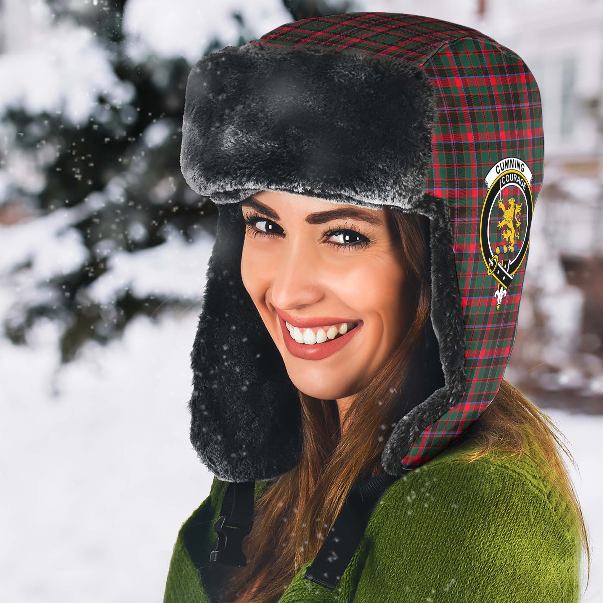 Cumming Hunting Modern Tartan Winter Trapper Hat with Family Crest - Tartanvibesclothing