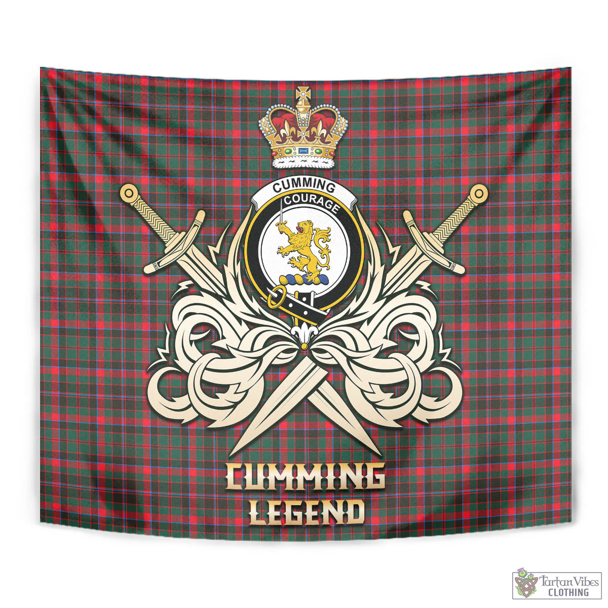 Tartan Vibes Clothing Cumming Hunting Modern Tartan Tapestry with Clan Crest and the Golden Sword of Courageous Legacy