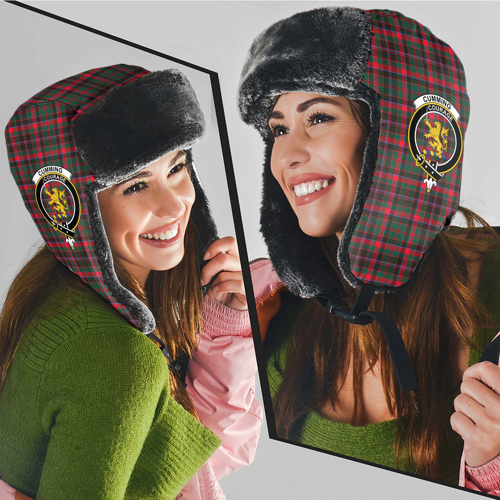 Cumming Hunting Modern Tartan Winter Trapper Hat with Family Crest - Tartanvibesclothing