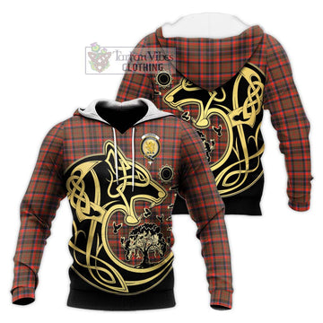 Cumming Hunting Weathered Tartan Knitted Hoodie with Family Crest Celtic Wolf Style