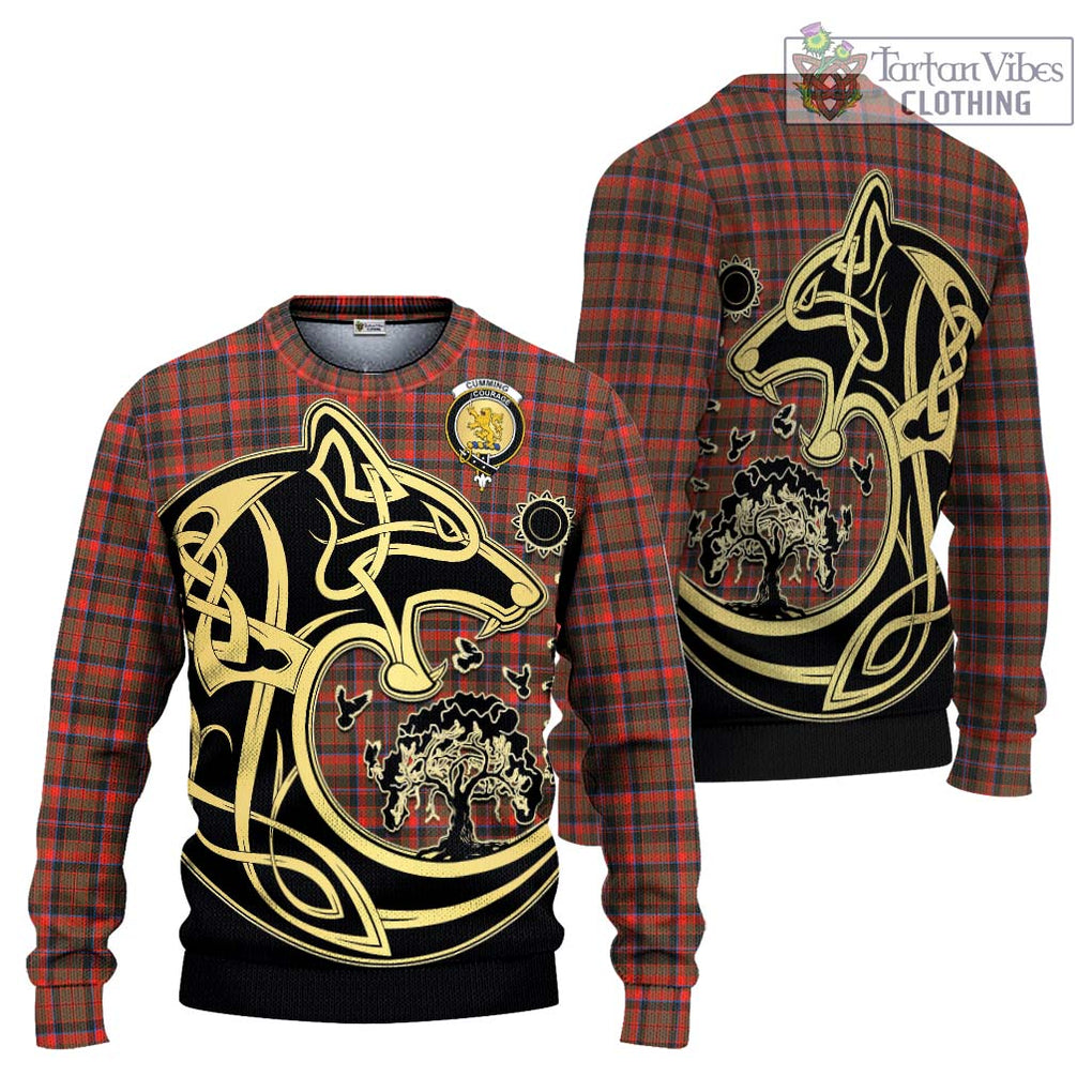 Cumming Hunting Weathered Tartan Knitted Sweater with Family Crest Celtic Wolf Style Unisex - Tartan Vibes Clothing