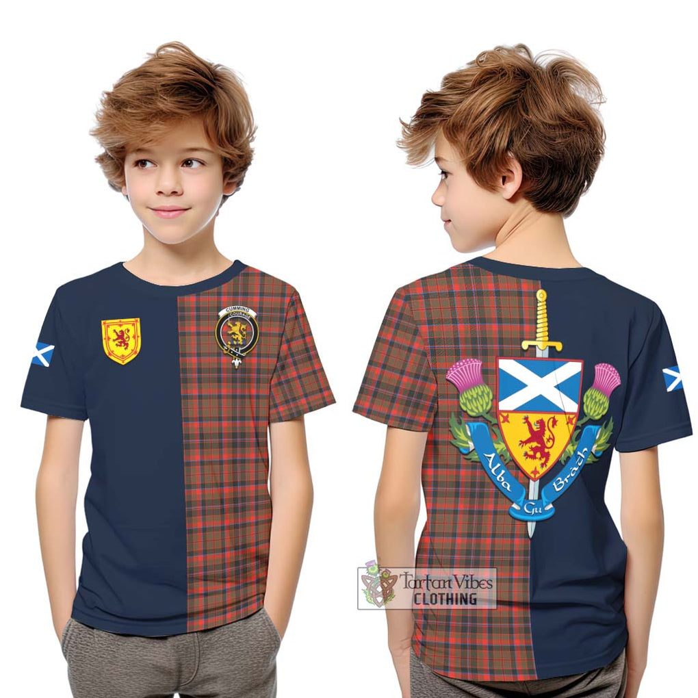 Tartan Vibes Clothing Cumming Hunting Weathered Tartan Kid T-Shirt with Scottish Lion Royal Arm Half Style