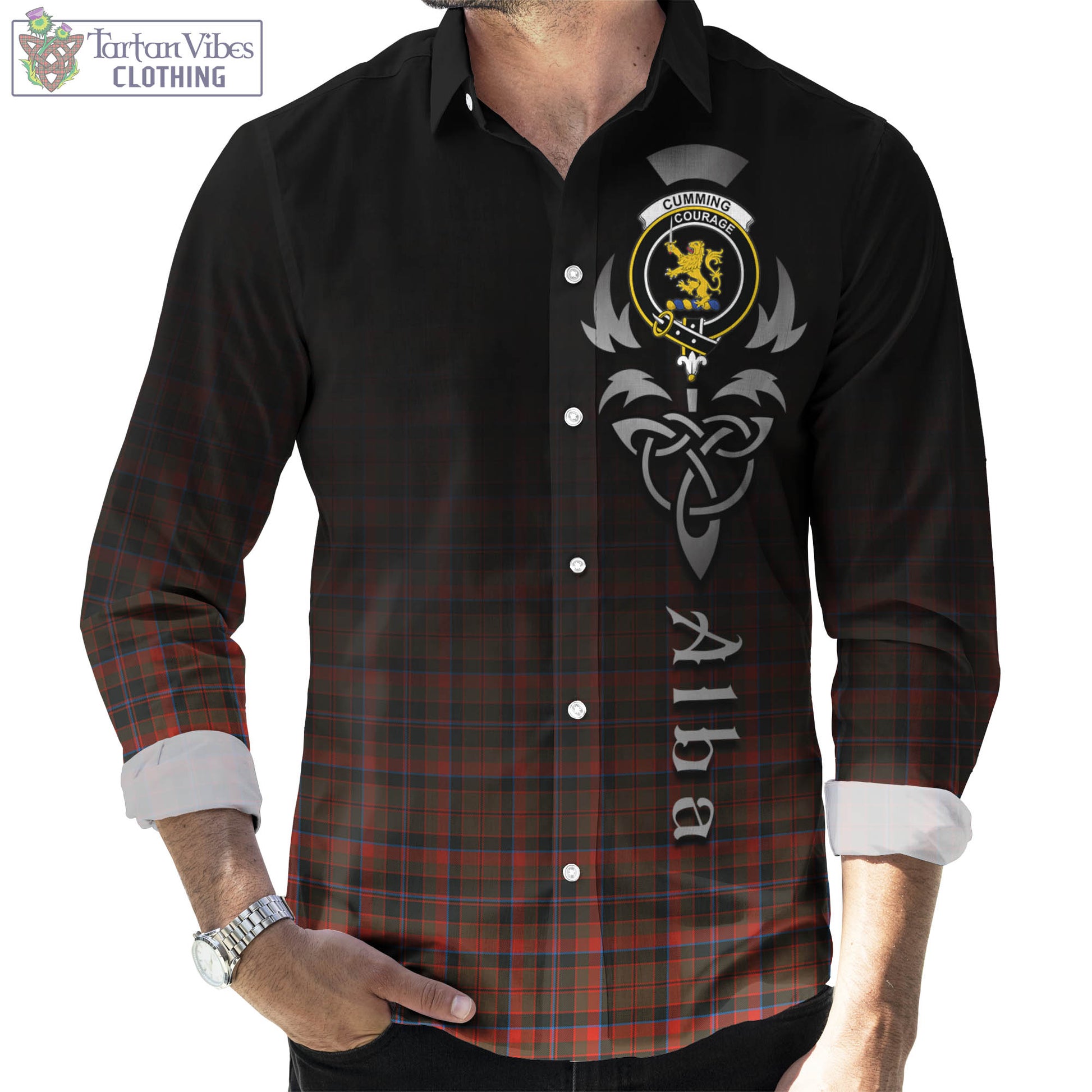 Tartan Vibes Clothing Cumming Hunting Weathered Tartan Long Sleeve Button Up Featuring Alba Gu Brath Family Crest Celtic Inspired