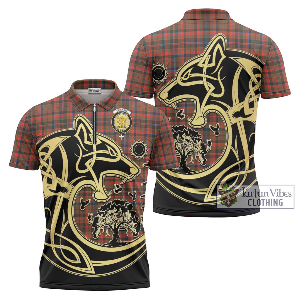 Cumming Hunting Weathered Tartan Zipper Polo Shirt with Family Crest Celtic Wolf Style Unisex - Tartanvibesclothing Shop