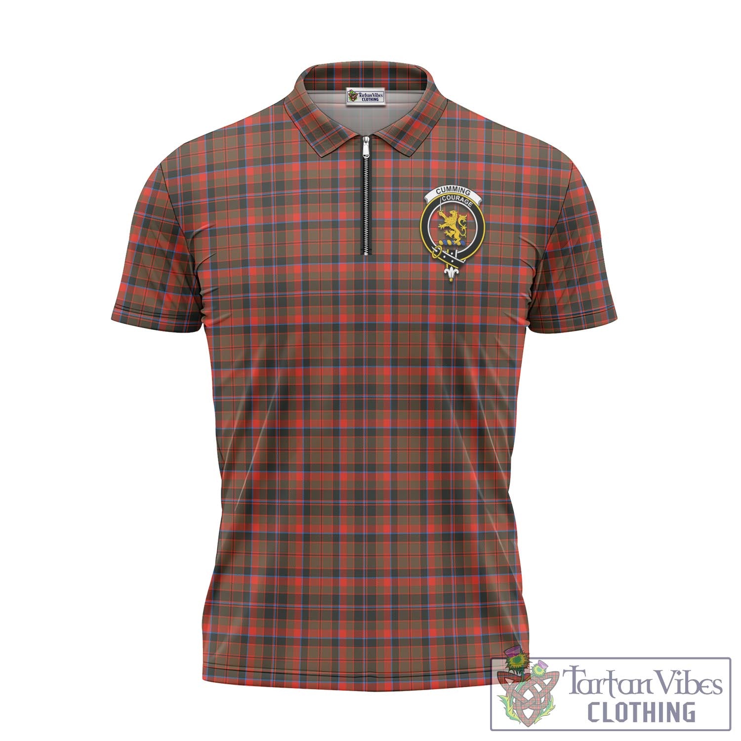 Tartan Vibes Clothing Cumming Hunting Weathered Tartan Zipper Polo Shirt with Family Crest