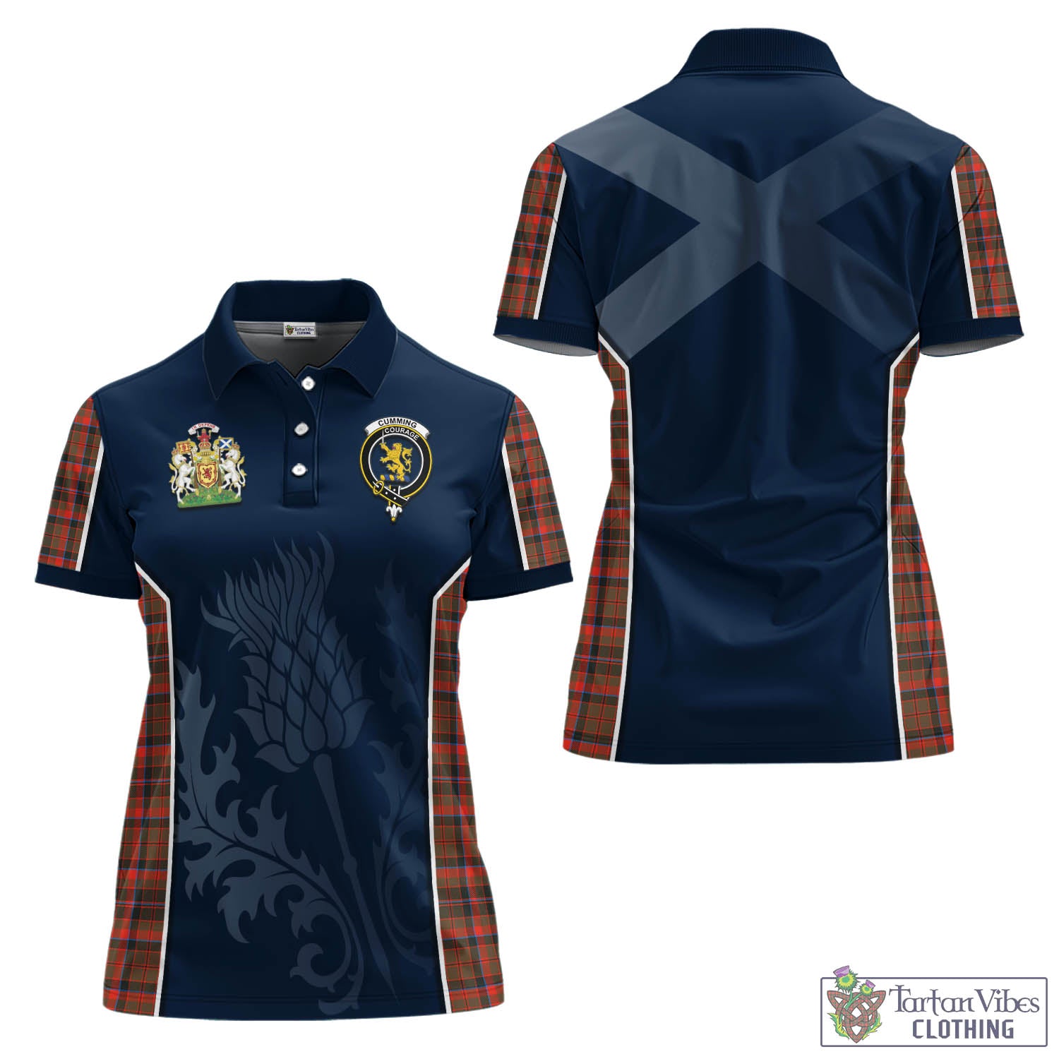 Tartan Vibes Clothing Cumming Hunting Weathered Tartan Women's Polo Shirt with Family Crest and Scottish Thistle Vibes Sport Style