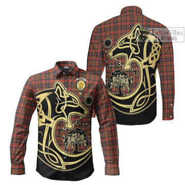 Cumming Hunting Weathered Tartan Long Sleeve Button Shirt with Family Crest Celtic Wolf Style