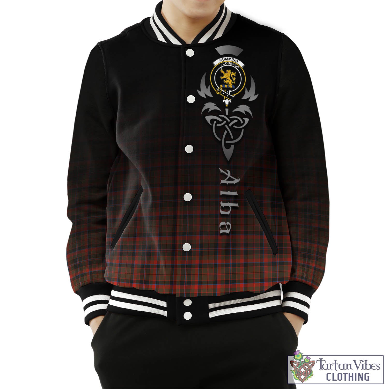 Tartan Vibes Clothing Cumming Hunting Weathered Tartan Baseball Jacket Featuring Alba Gu Brath Family Crest Celtic Inspired