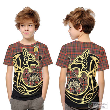 Cumming Hunting Weathered Tartan Kid T-Shirt with Family Crest Celtic Wolf Style