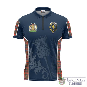 Cumming Hunting Weathered Tartan Zipper Polo Shirt with Family Crest and Scottish Thistle Vibes Sport Style