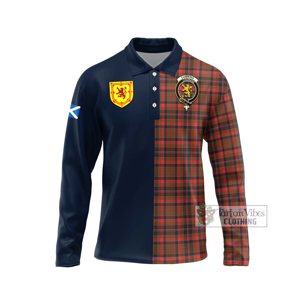 Tartan Vibes Clothing Cumming Hunting Weathered Tartan Long Sleeve Polo Shirt with Scottish Lion Royal Arm Half Style