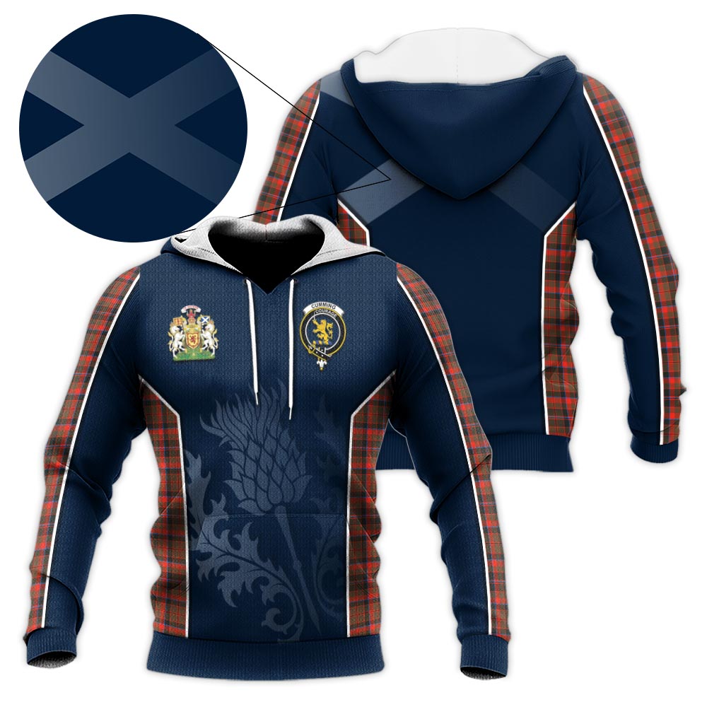 Tartan Vibes Clothing Cumming Hunting Weathered Tartan Knitted Hoodie with Family Crest and Scottish Thistle Vibes Sport Style