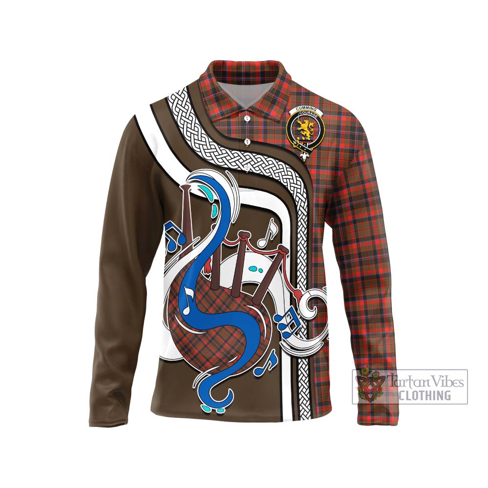 Tartan Vibes Clothing Cumming Hunting Weathered Tartan Long Sleeve Polo Shirt with Epic Bagpipe Style