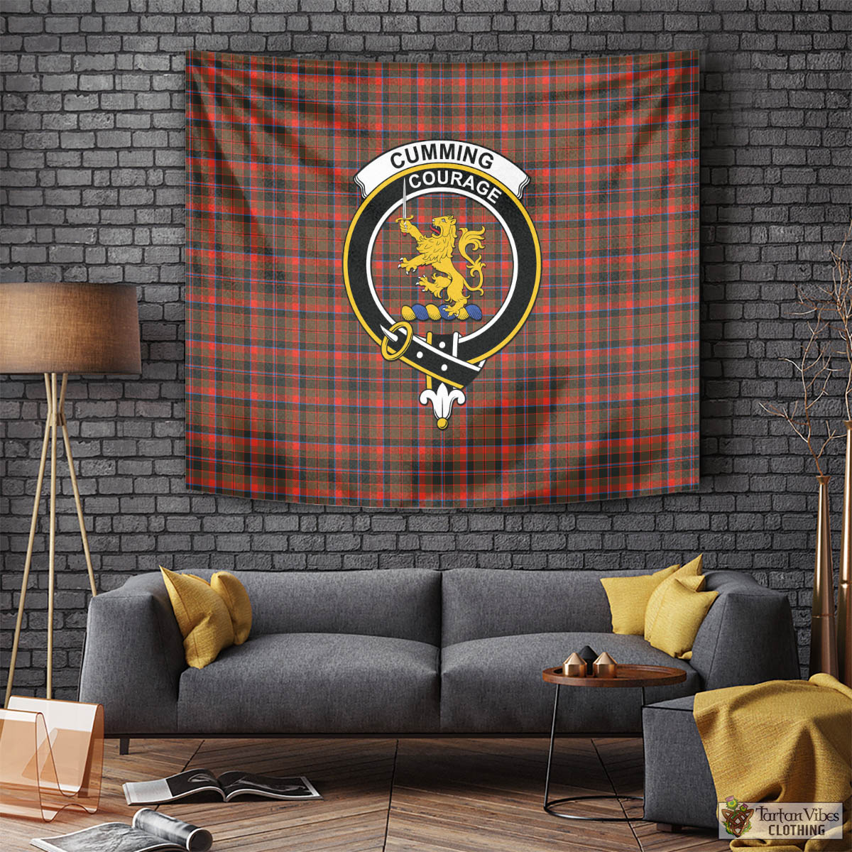 Tartan Vibes Clothing Cumming Hunting Weathered Tartan Tapestry Wall Hanging and Home Decor for Room with Family Crest