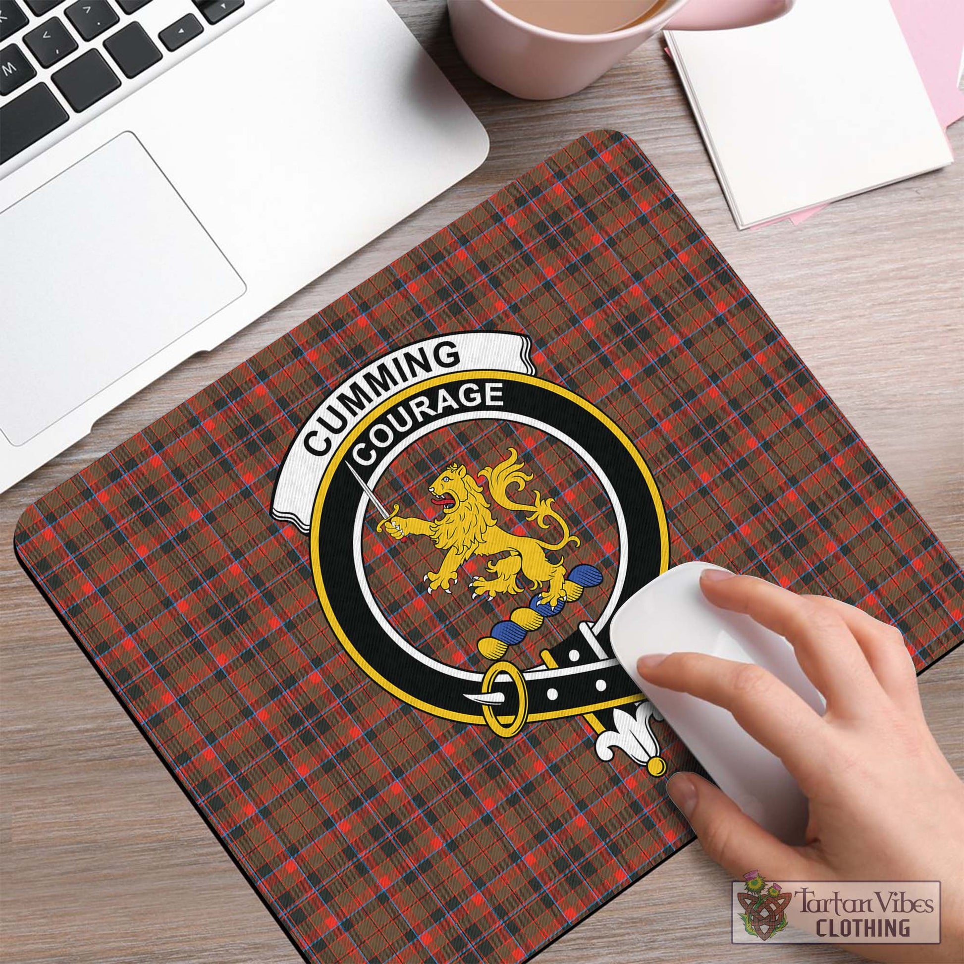 Tartan Vibes Clothing Cumming Hunting Weathered Tartan Mouse Pad with Family Crest