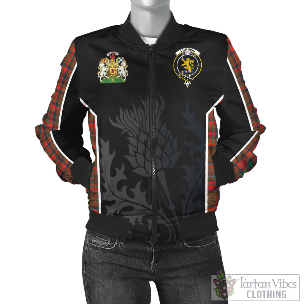 Tartan Vibes Clothing Cumming Hunting Weathered Tartan Bomber Jacket with Family Crest and Scottish Thistle Vibes Sport Style