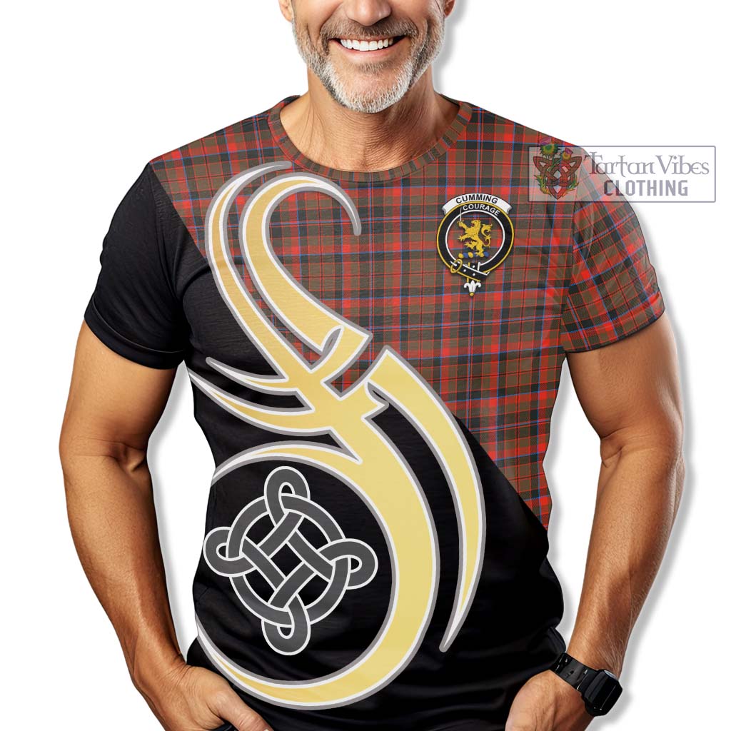 Tartan Vibes Clothing Cumming Hunting Weathered Tartan T-Shirt with Family Crest and Celtic Symbol Style