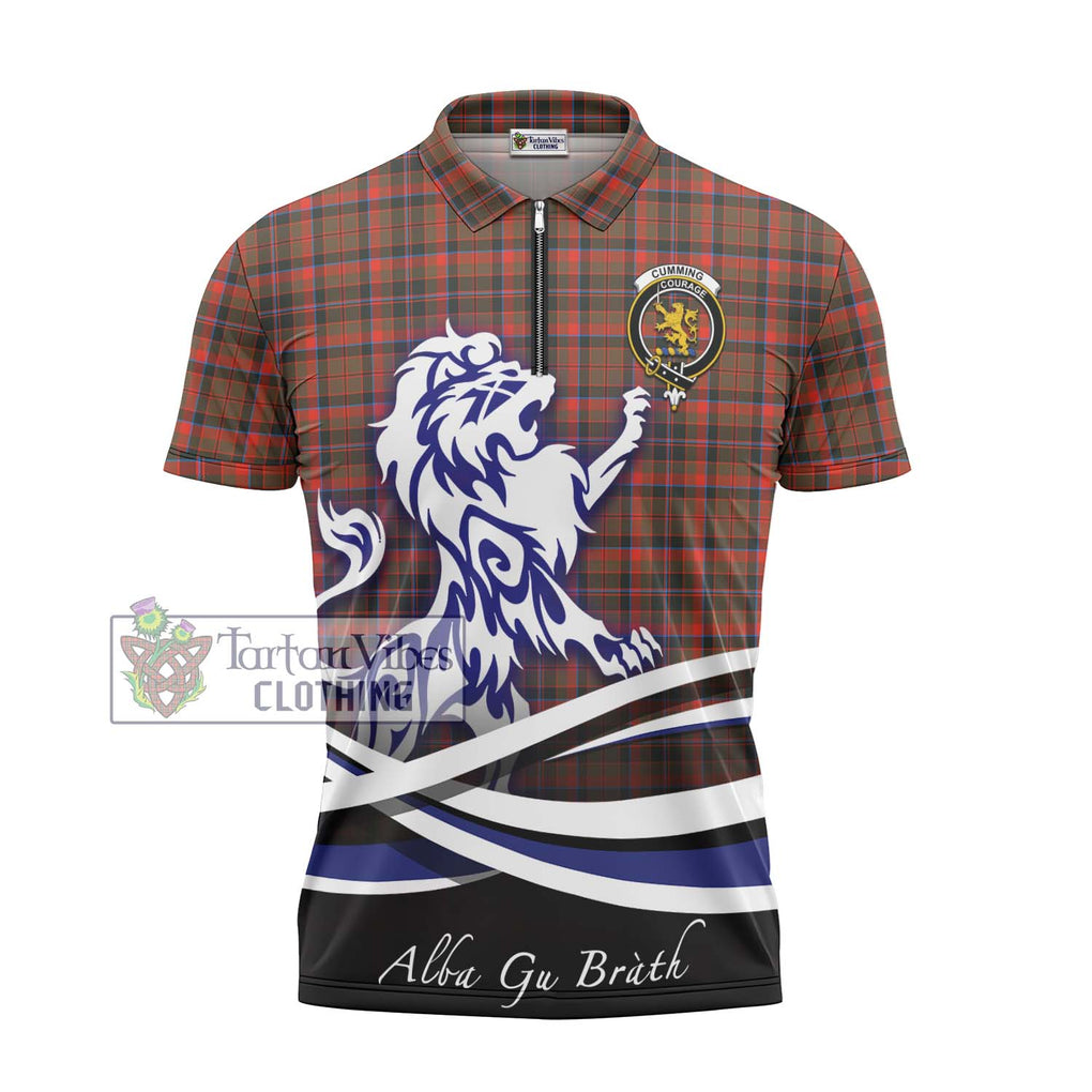 Cumming Hunting Weathered Tartan Zipper Polo Shirt with Alba Gu Brath Regal Lion Emblem - Tartanvibesclothing Shop