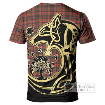 Cumming Hunting Weathered Tartan T-Shirt with Family Crest Celtic Wolf Style