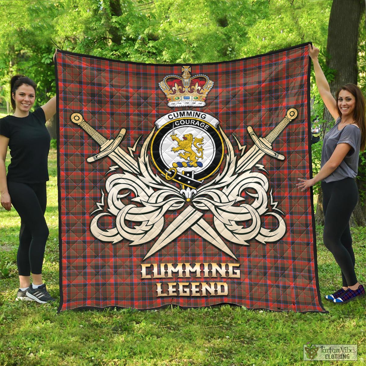 Tartan Vibes Clothing Cumming Hunting Weathered Tartan Quilt with Clan Crest and the Golden Sword of Courageous Legacy