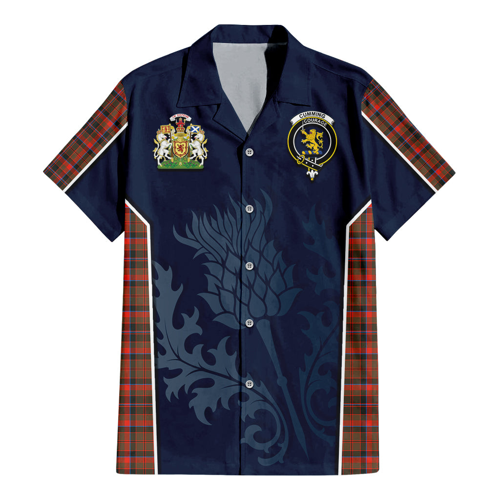 Tartan Vibes Clothing Cumming Hunting Weathered Tartan Short Sleeve Button Up Shirt with Family Crest and Scottish Thistle Vibes Sport Style