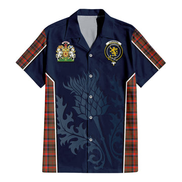 Cumming Hunting Weathered Tartan Short Sleeve Button Up Shirt with Family Crest and Scottish Thistle Vibes Sport Style