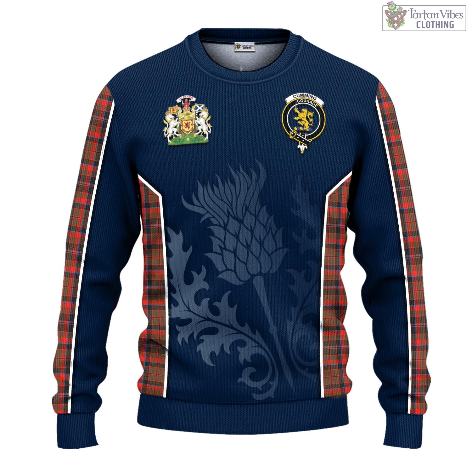 Tartan Vibes Clothing Cumming Hunting Weathered Tartan Knitted Sweatshirt with Family Crest and Scottish Thistle Vibes Sport Style