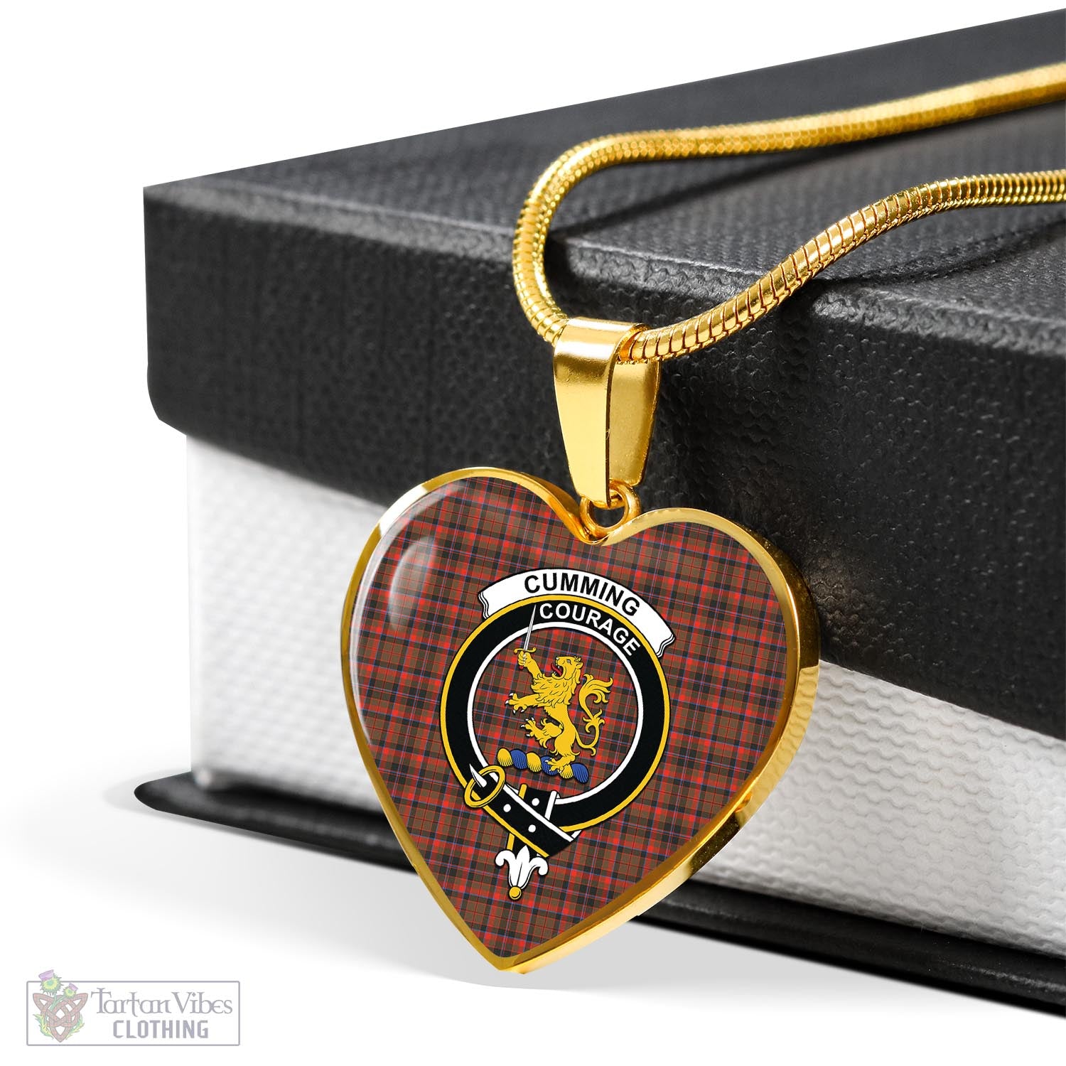 Tartan Vibes Clothing Cumming Hunting Weathered Tartan Heart Necklace with Family Crest