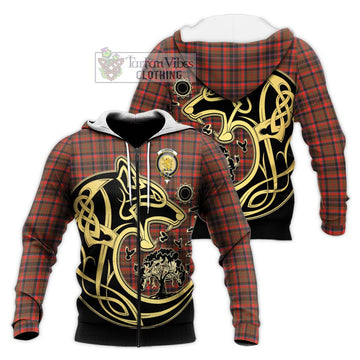 Cumming Hunting Weathered Tartan Knitted Hoodie with Family Crest Celtic Wolf Style