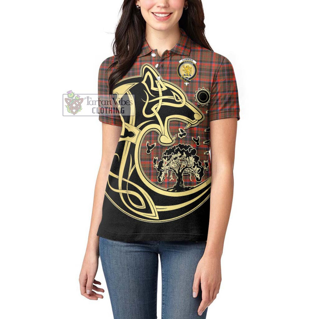 Cumming Hunting Weathered Tartan Women's Polo Shirt with Family Crest Celtic Wolf Style - Tartanvibesclothing Shop