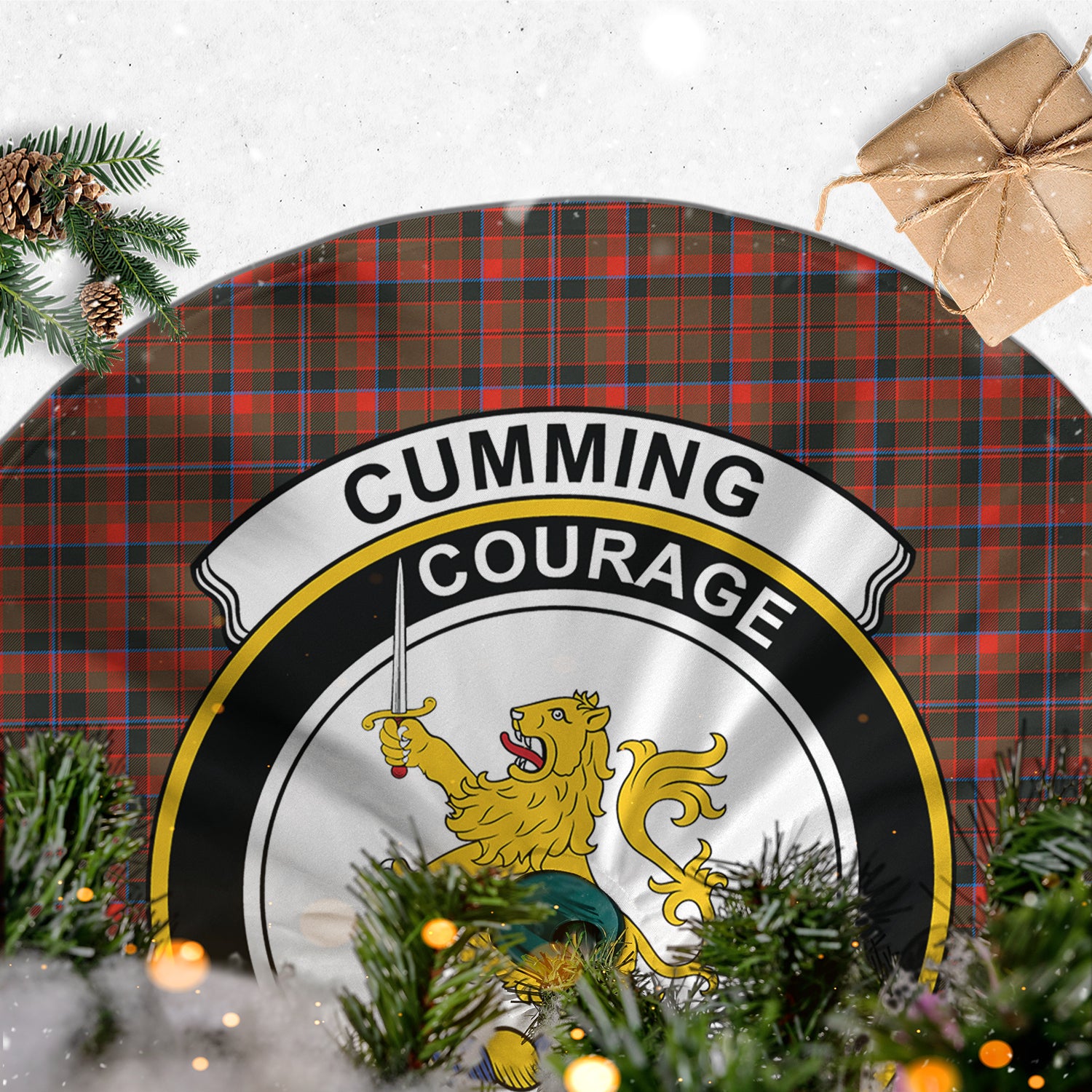 Cumming Hunting Weathered Tartan Christmas Tree Skirt with Family Crest - Tartanvibesclothing