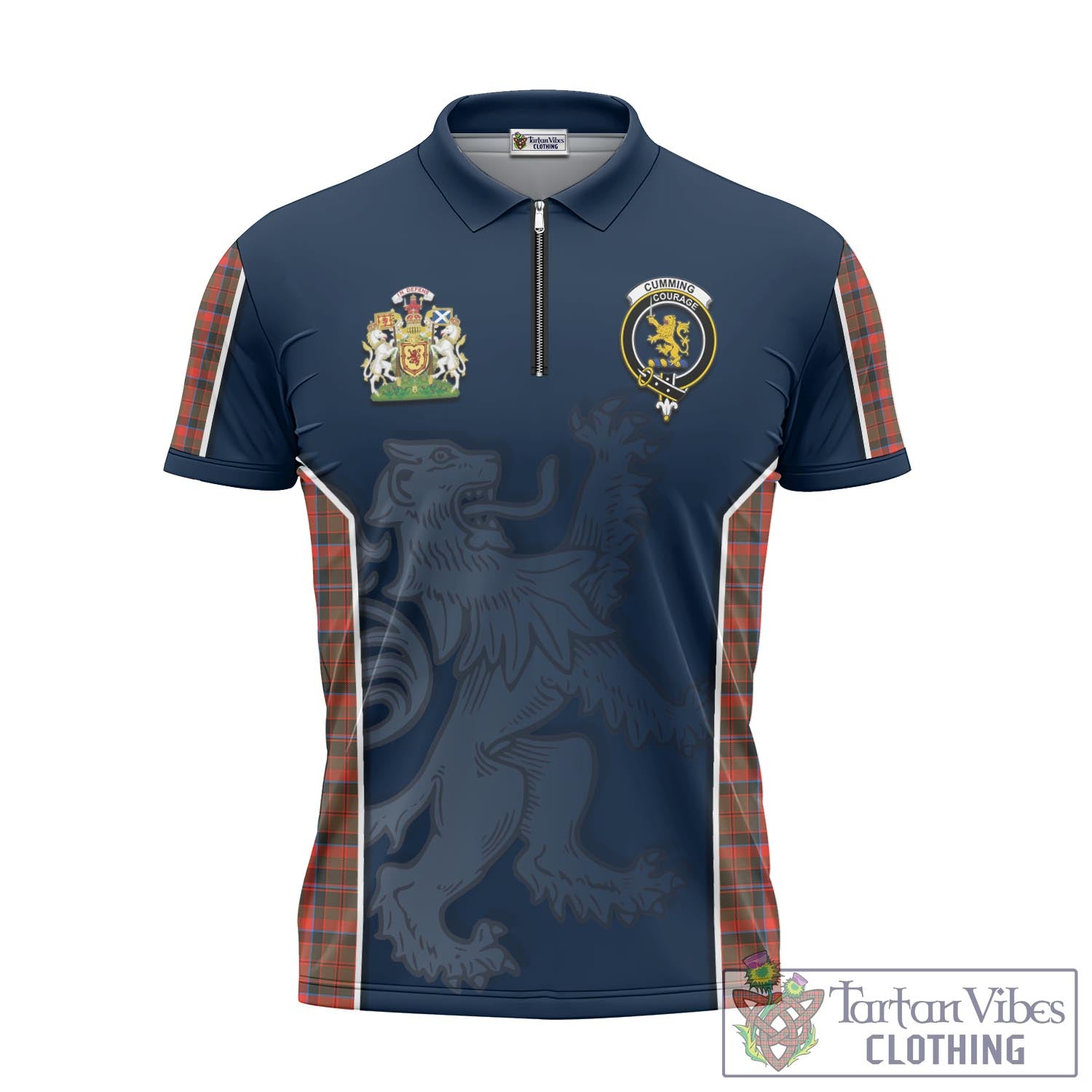 Tartan Vibes Clothing Cumming Hunting Weathered Tartan Zipper Polo Shirt with Family Crest and Lion Rampant Vibes Sport Style