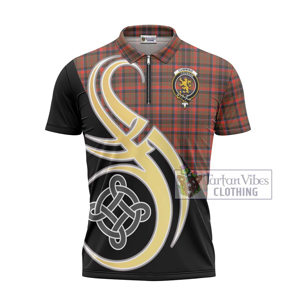 Tartan Vibes Clothing Cumming Hunting Weathered Tartan Zipper Polo Shirt with Family Crest and Celtic Symbol Style