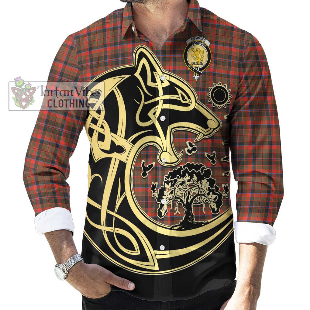 Cumming Hunting Weathered Tartan Long Sleeve Button Shirt with Family Crest Celtic Wolf Style - Tartan Vibes Clothing