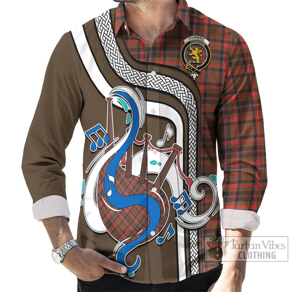 Cumming Hunting Weathered Tartan Long Sleeve Button Shirt with Epic Bagpipe Style - Tartanvibesclothing Shop